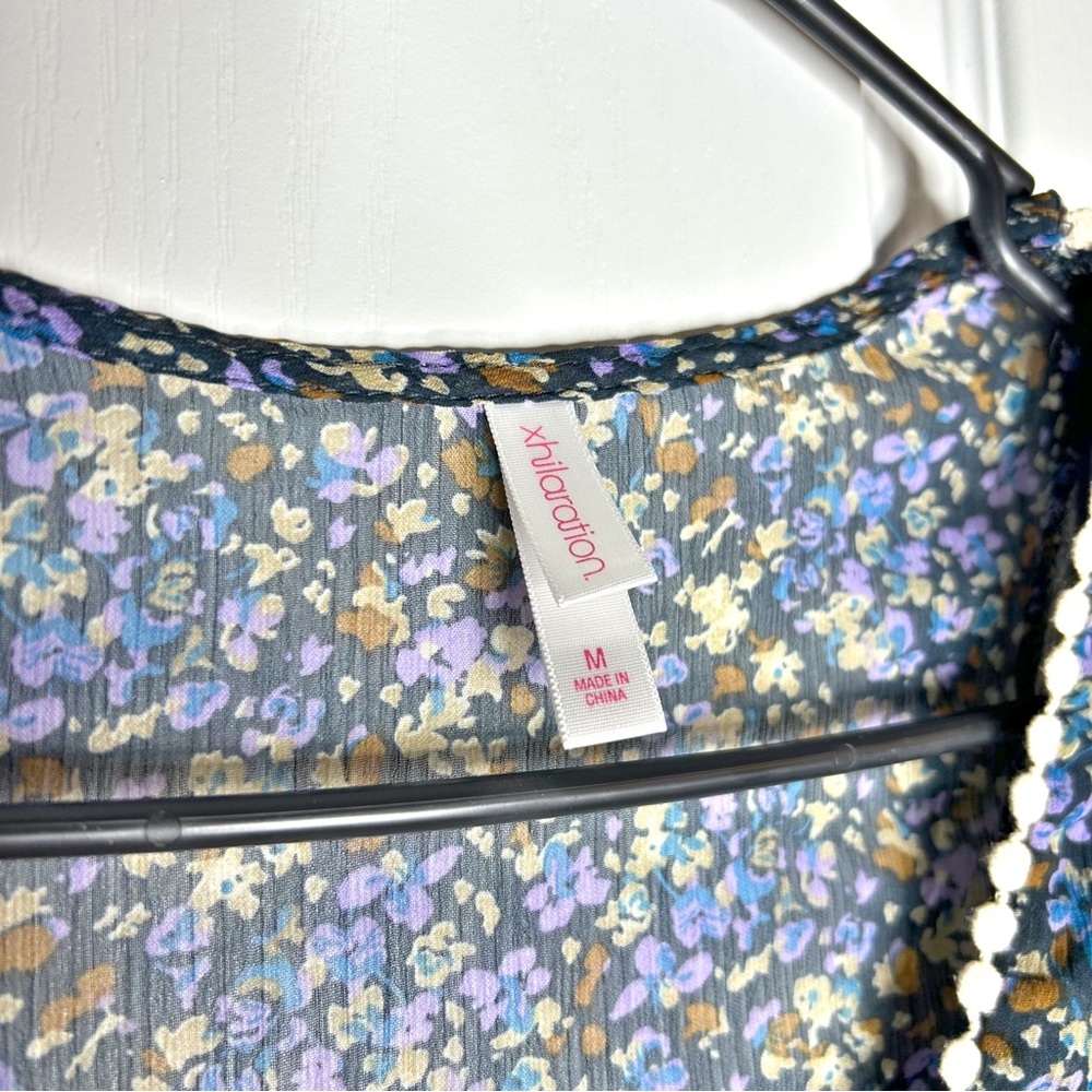 Xhilaration Sheer Blue Floral Boho Peasant Blouse Top Mini Pom Pom Trim Medium - Picture 7 of 9